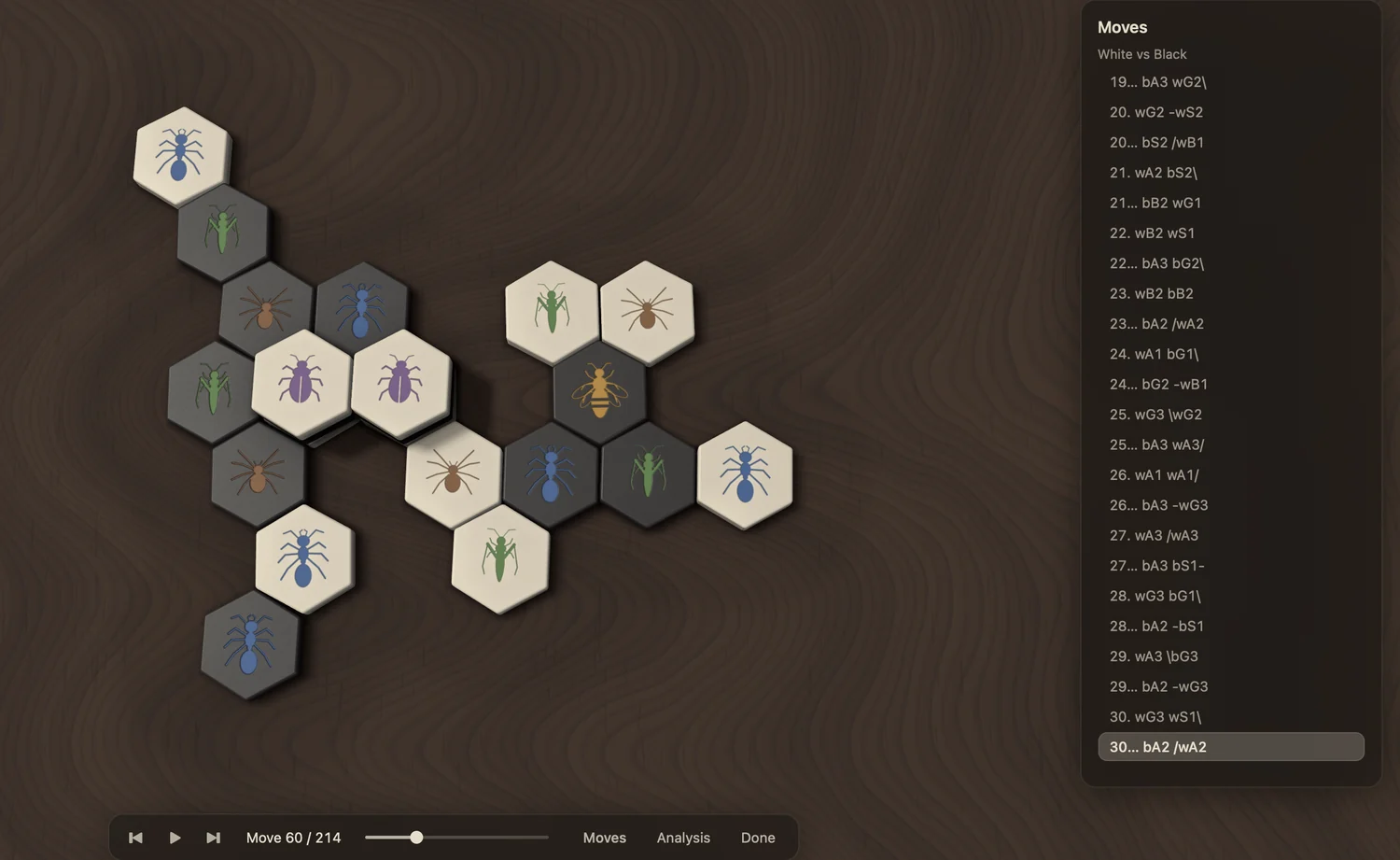 Review mode: a recorded game on the table, the move history open beside it.
